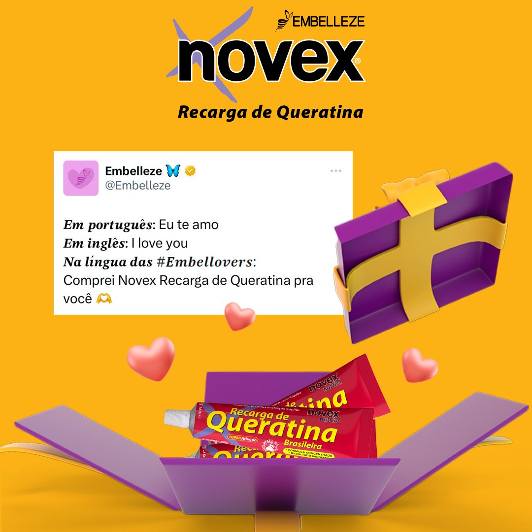 Embelleze's tweet photo. Você já sabe qual a sua linguagem do amor? A linguagem das #Embellovers é presentear com #NovexRecargaDeQueratina. 😍💖
#RecarregueiToNovex #Embelleze https://t.co/viKm8R2h96