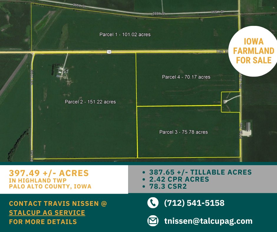 397.49 acres m/l for sale in Palo Alto County, Iowa. 

For more information please contact Travis Nissen at Stalcup Ag Service (712) 213-4864

stalcupag.com/listing/659/39…

#IowaFarmland #BuyLand