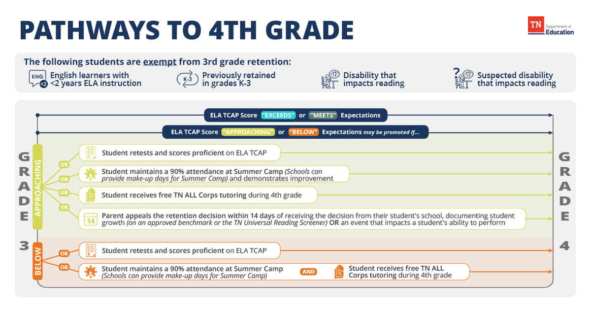 TNedu's tweet photo. TENNESSEE PARENTS: The parent appeals form for eligible 3rd grade students is now open. Check out the other free pathways to 4th grade promotion below and access the appeal form through June 30: https://t.co/bsqBvD6rI7 https://t.co/nvbWddseH8
