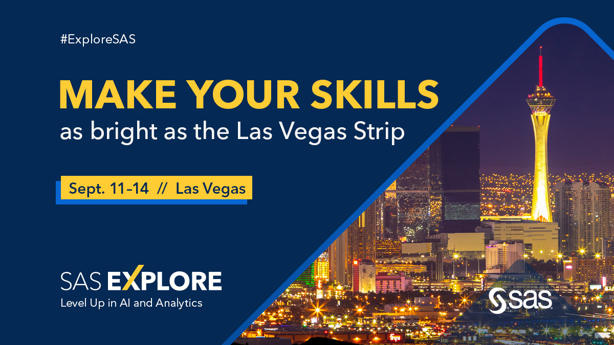 SAS Explore is on its way to Las Vegas! Meet us there Sept. 11-14 to level up and indulge in the hottest topics in AI and #analytics. Registration is open right now. 2.sas.com/6016Otd0n #ExploreSAS