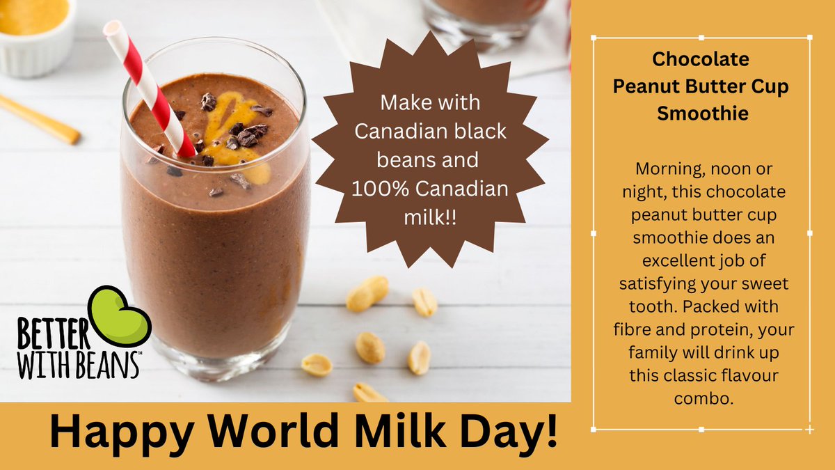 Happy #WorldMilkDay! 

We're celebrating with our Chocolate Peanut Butter Cup Smoothie - made with black beans and 100% Canadian Milk! 

Get the recipe: bit.ly/3nwe8B6

#EnjoyMilk #LoveCDNBeans #betterwithbeans