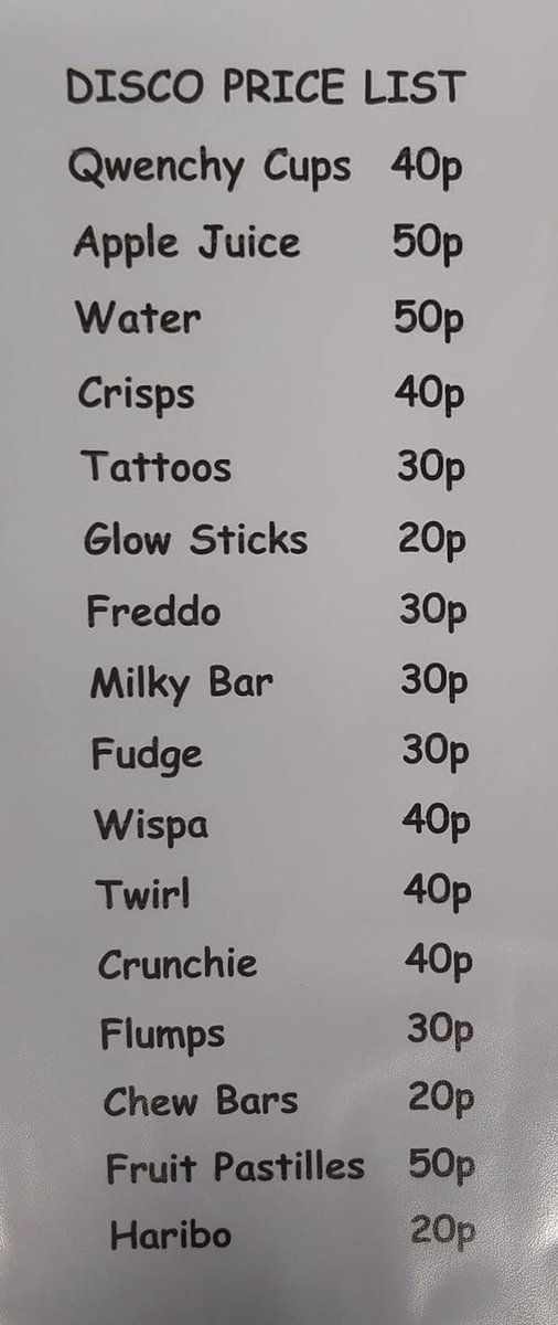 🕺💃 Get your dancing shoes on for the disco on Friday 2nd

You can bring a water bottle but please make sure your name is on it and to take it home with you! 

We’ll also have a quiet area in case anyone needs a wee break from the disco. Xx

Below is the tuck shop price list