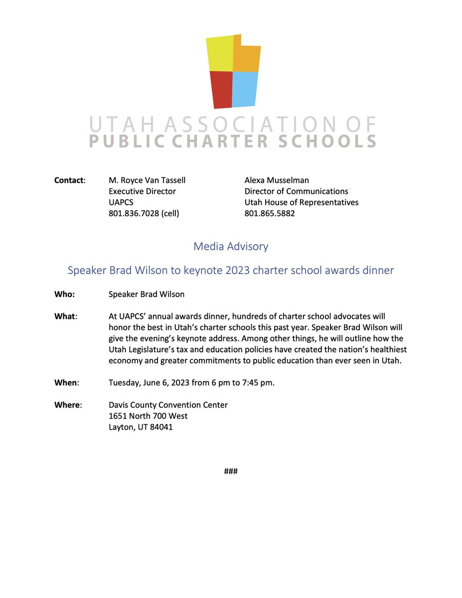UAPCS's tweet image. Our UAPCS Charter School Conference is coming up! Speaker Brad Wilson will be our keynote address at the Circle of Excellence. @BradWilsonGOP