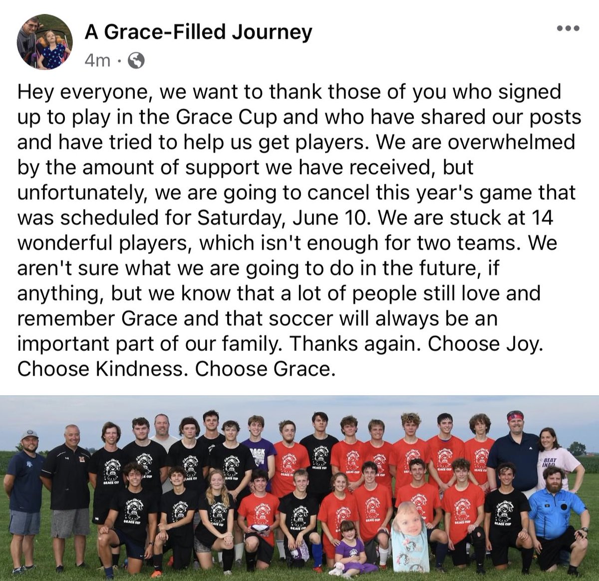 We are going to have to cancel this year’s Grace Cup. We appreciate everyone who has supported us on our journey.