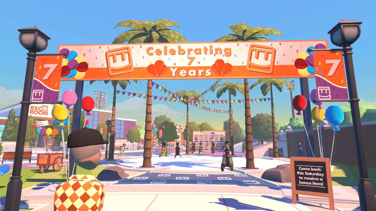 TarapeuticVR's tweet photo. It's Rec Room's 7th birthday and there's a special door in the Rec Center that leads to their birthday room! There's a new storefront, and a sign that reads "Come back this SATURDAY to receive a BONUS item!" Ooooh new free item?! #recroom #recroomevent #recroombirthday #recroomvr https://t.co/hjnlONANYn