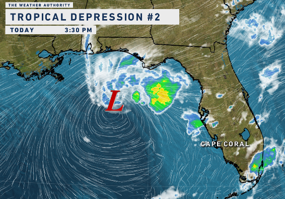MattDevittWX's tweet photo. #BREAKING 🌀 Tropical Depression #2 has formed in the Gulf of Mexico. I'll have the brand new cone and timing at 5 PM on @WINKNews. https://t.co/h9dkRGukFK