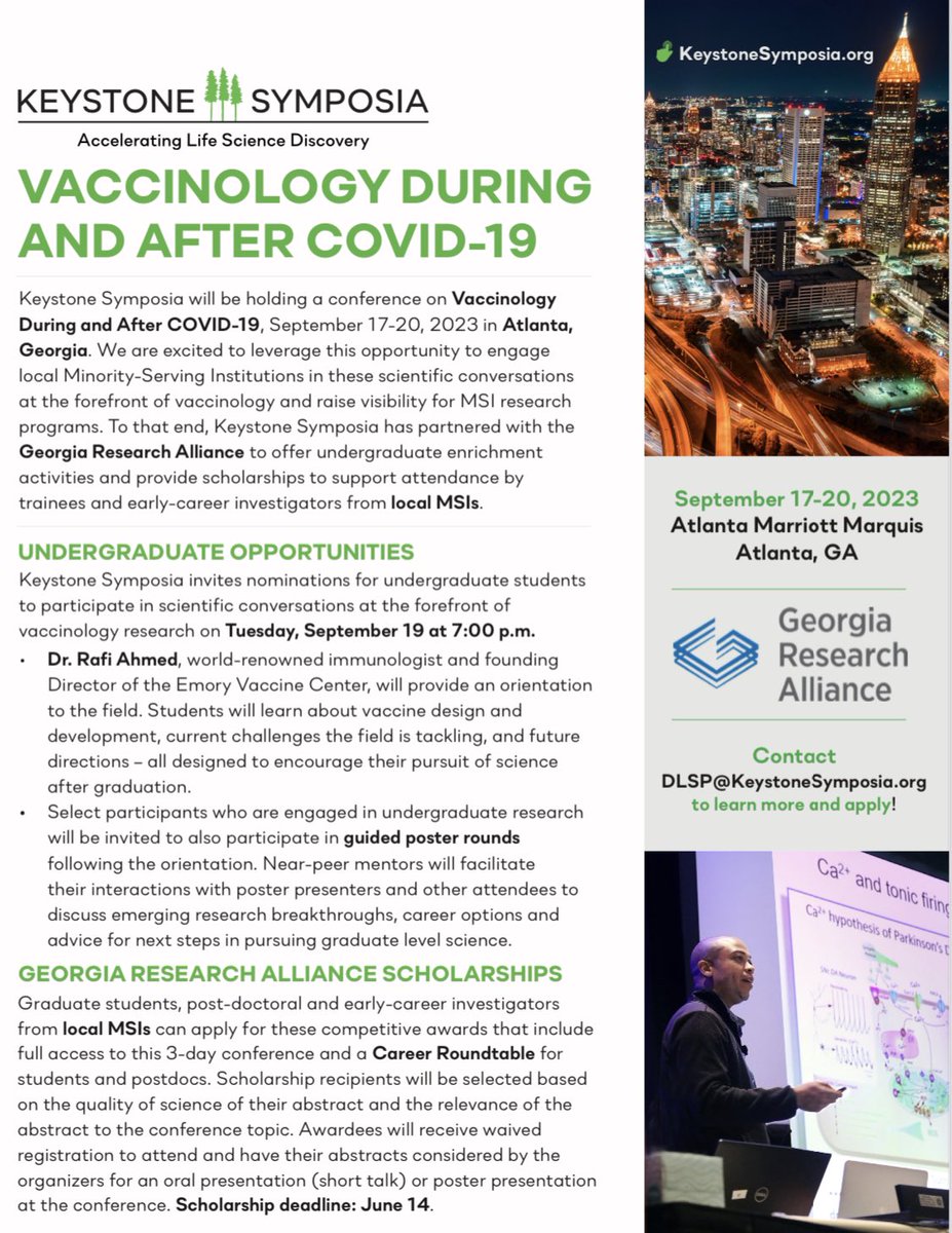 @KeystoneSymp Conference on Vaccinology During and After COVID-19 in Atlanta on September 17-20, 2023
Details: KeystoneSymposia.org

Abstract/Scholarship Deadline is June 14, 2023

#LSAMP #LSMRCE #STEM #MSI #Research