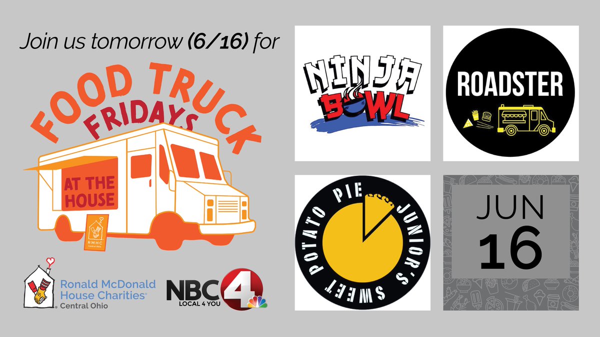 Stop by the Columbus Ronald McDonald House tomorrow (6/16) between 11:00am and 2:00pm to grab a bite to eat from @BowlNinja, Roadster and Junior's Sweet Potato Pie and support our mission of #keepingfamiliesclose!🚚
#cbusrmh #foodtruckfridays #RMHCfoodtruckfridays @nbc4i