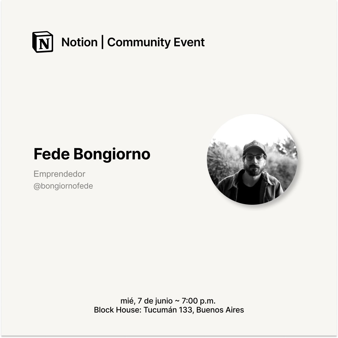 BongiornoFede's tweet photo. 🎉 Es un placer haber sido invitado como orador en el evento oficial #NotionCommunityFest de @NotionHQ en Argentina 🇦🇷 la semana que viene.
¡Nos vemos ahí! Se pueden inscribir acá: https://t.co/V2H7byhbfG https://t.co/e65iJVP90P