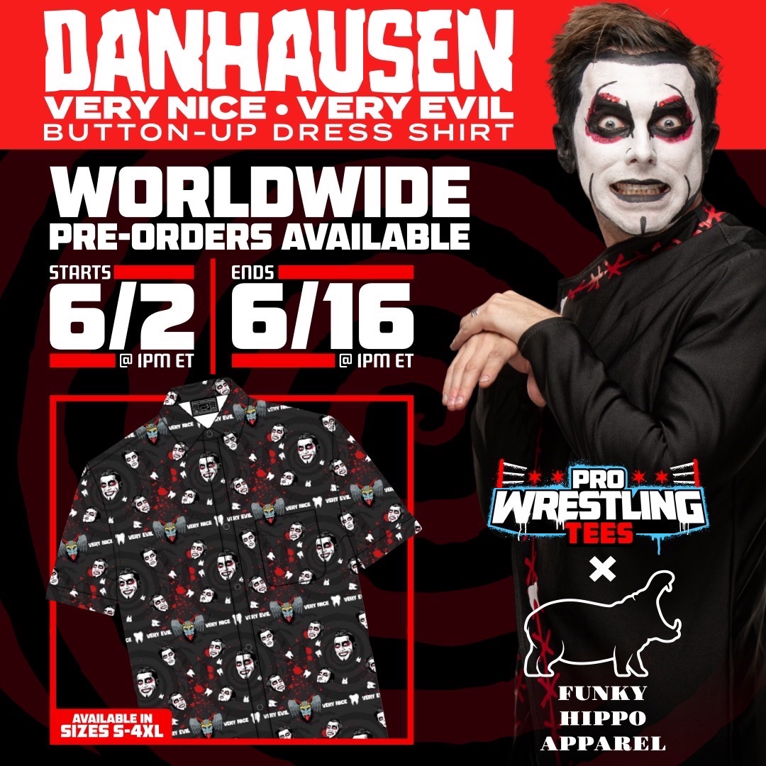 Pro Wrestling Tees on X: Tomorrowhausen!! Danhausen Very Nice, Very Evil  Button Up Dress Shirt from Funky Hippo Apparel. Available at 1PM ET on PWT  & ShopAEW for 2 weeks only. If