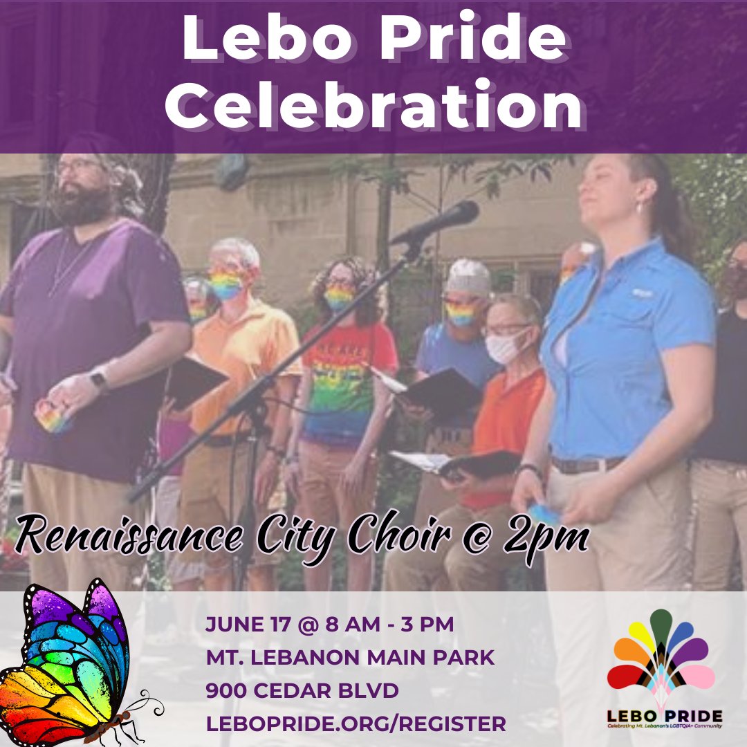 LeboPrideOrg's tweet image. Renaissance City Choir (RCC) is western Pennsylvania’s only LGBTQIA+ and allies choral group. Come listen to them sing on stage at the #LeboPrideCelebration

Register at lebopride.org/register