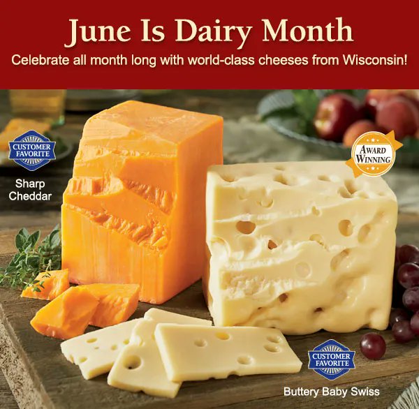 WiscCheeseman's tweet image. June is our favorite month because it celebrates all things dairy! 🧀 Celebrate Dairy Month with us and try world-class cheeses from Wisconsin! Shop our site here: buff.ly/3vBcsdn