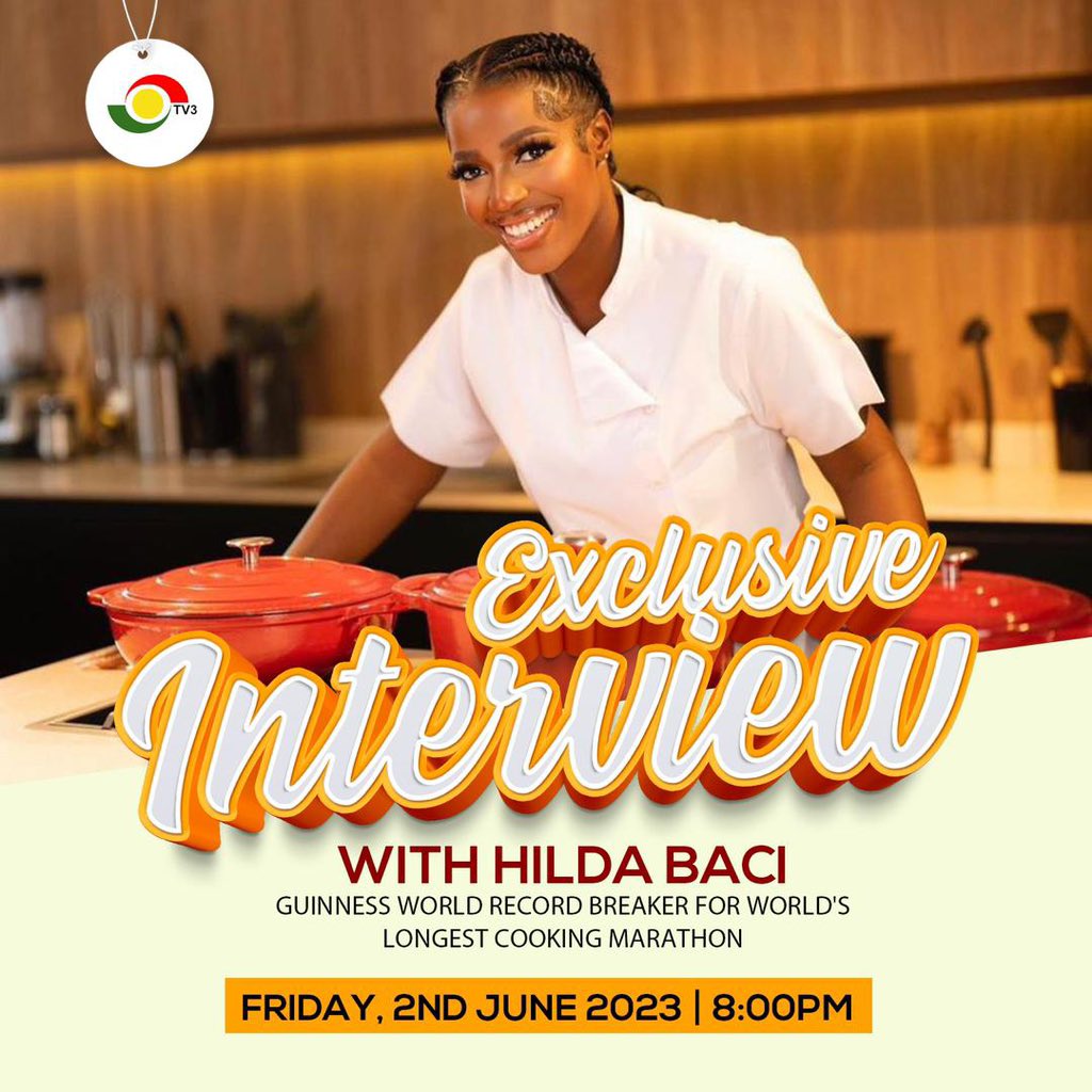 We have an exclusive interview with Guinness World Record breaker Hilda Baci tomorrow at 8pm. 

You don’t want to miss this one. Make a date. #TV3GH