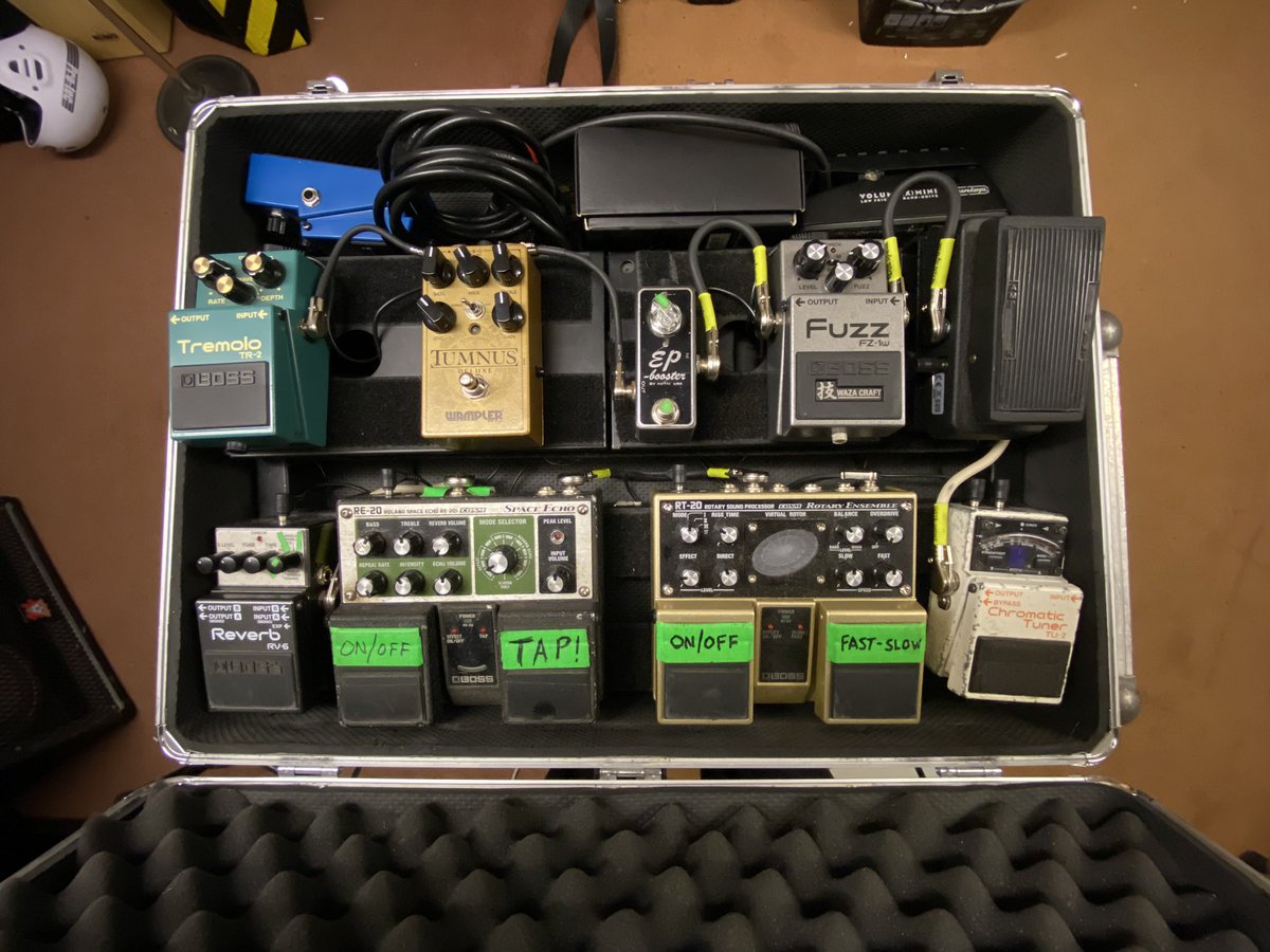 I’ve got gigs and recording coming up. I think these will be the main noise boxes I’ll be using. But, that could all change in a split second!!!
 #pedalboard #ernieball #voodoolab #pedaltrain #bosseffect #xoticeffects #crybabywah #rocknroll #indierock #britpop #tumnusdeluxe #klon