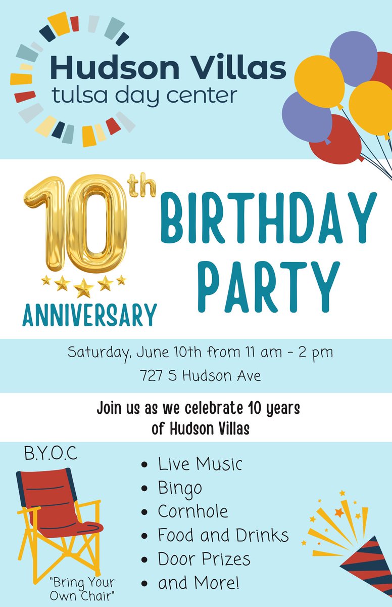 Tulsa Day Center (@tulsadaycenter) on Twitter photo Join us for a party! Hudson Villas is turning 10! Saturday, June 10th!
<a href="/tulsaunitedway/">Tulsa Area United Way</a> <a href="/HUDgov/">Department of Housing and Urban Development</a> <a href="/HousingTulsa/">HousingSolutionsTulsa</a> #awh4t Join us for a party! Hudson Villas is turning 10! Saturday, June 10th!
<a href="/tulsaunitedway/">Tulsa Area United Way</a> <a href="/HUDgov/">Department of Housing and Urban Development</a> <a href="/HousingTulsa/">HousingSolutionsTulsa</a> #awh4t