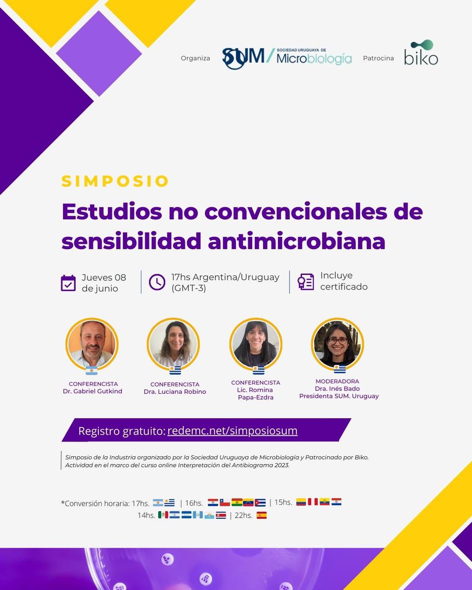 Simposio SUM REDEMC "Estudios no convencionales de sensibilidad antimicrobiana" con el Patrocinio de BIKO, en el marco del Curso "Actualización del antibiograma 2023"

🗓️Jueves 8 de junio a las 17 hrs de 🇺🇾
💻Regristro gratuito a través de redemc.net/simposiosum/