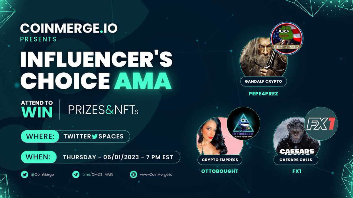 coinmerge's tweet photo. 📢https://t.co/qi3M4xmoFc Presents Our Influencer’s Choice #AMA💥

🗣Hosts:
@coinmerge
@gandalfcryptto
@caesarscalls
@chiqshoes
@A1_STRIVE

🛠Projects:
@Otto_Bought
@FX1Sports 
@Pepe4Prez2024

#NFT #Giveaway 🎉
✅Follow All
✅Like 🏷 RT
✅Tune In👇
https://t.co/t6ESOgRFxl https://t.co/pKgifegZWr