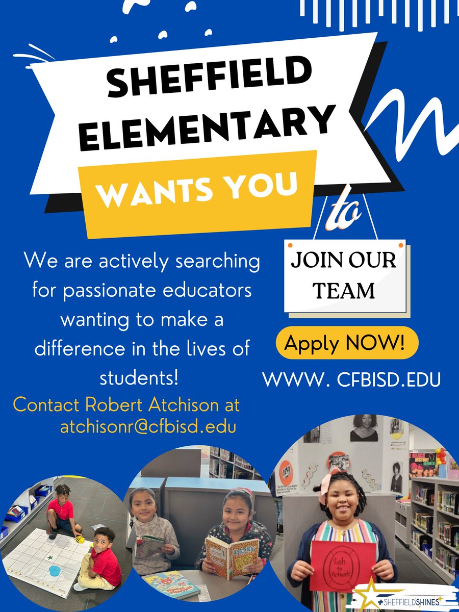 We want passionate educators to join our team <a href="/SheffieldElem/">Sheffield Elementary</a> and be part of a school that is on FIRE for impacting the lives of students each day! We love the work we do and it shows in the relationships we build with students! Contact us today! #SheffieldSHINES <a href="/CFBISD/">Carrollton-Farmers Branch ISD</a>