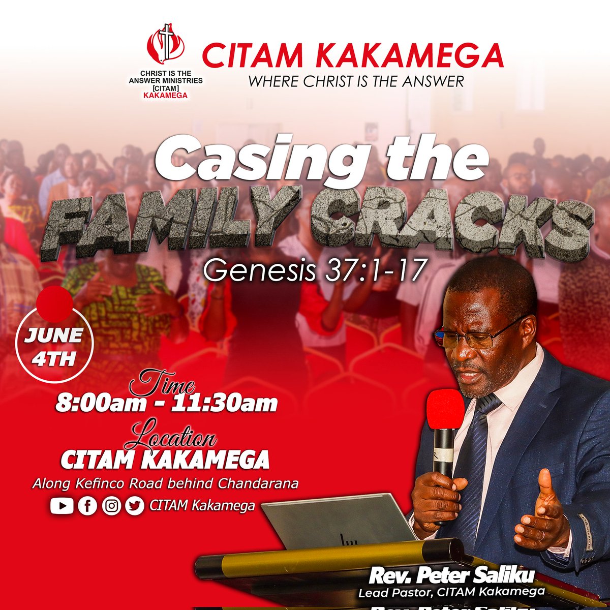 Join us this Sunday, June 4th, 2023, in our service from 8:30AM to 11:00AM. Rev. Peter Saliku,  Lead Pastor at CITAM Kakamega will be sharing on the topic, 'Casing the Family Cracks.'
 #SeeWhatTheLordHasDone
#FamilyMonth
 #InHisPresence 
#AbideInMe 
#WorshipSunday 
#CitamKakamega