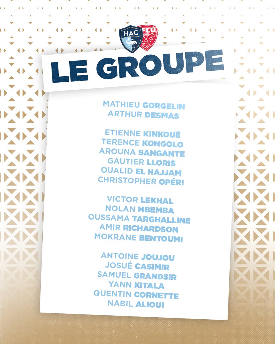 HAC_Foot's tweet photo. Voici le groupe de 1⃣9⃣ joueurs retenu par Luka Elsner pour affronter @DFCO_Officiel ce soir au @StadeOceane  ! 👀

⌛️🔜 #HACDFCO https://t.co/YL9Cc1s3iq