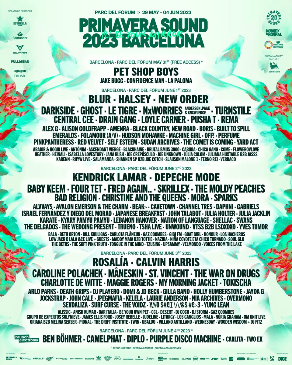 Livezinha do Primavera Sound Barcelona 2023 pela Twitch 
twitch.tv/amazonmusicenv…

Lineup:

Alex G

Turnstile

Rema  (rolando)

Perfume

New Order

Blur