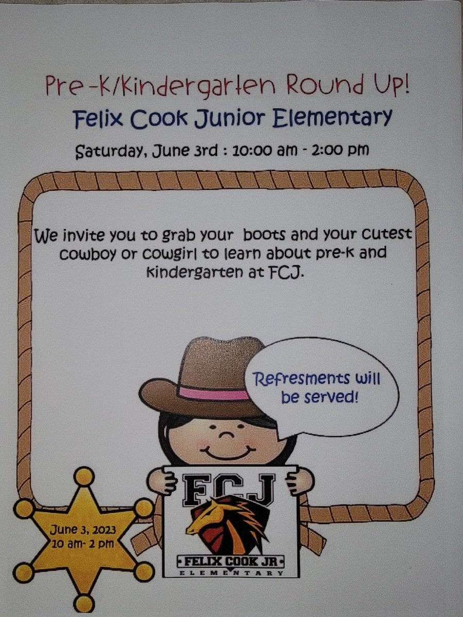 CookMagnet's tweet photo. PRE-K/KINDERGARTEN ROUND UP!!
BRING ALL YOUR PRE-K/KINDER BABIES IN THEIR COWBOY GEAR!! SATURDAY, JUNE 3RD, 10AM-2PM!! Come and see what we have to offer your young scholar. #hisdmagnet22 #fineartsmagnet #kashmerecommunity #TeamHISD😊😊 https://t.co/2QLjm78e5f