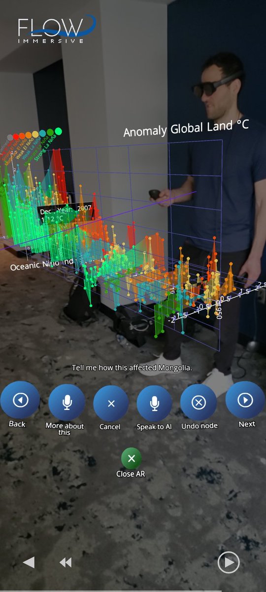 jmarshworks's tweet image. I&apos;ve been giving demos nonstop at #awe of @flowimmersive #ar #dataviz with #ChatGPT, here of #climatechange #ElNino data, to Arron Frank with  @singularityu 

Ping me if you are at #AWE2023 and want to see it!