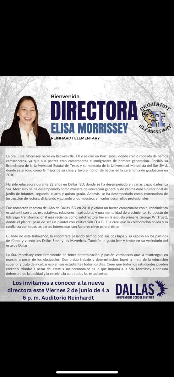 I am excited to announce the new principal for Reinhardt Elementary for the 2023-2024 School Year! <a href="/DanforDISD/">Dan Micciche</a> <a href="/LauraRubioGarza/">Laura Garza</a> <a href="/THuittDISD/">Tiffany Huitt</a>