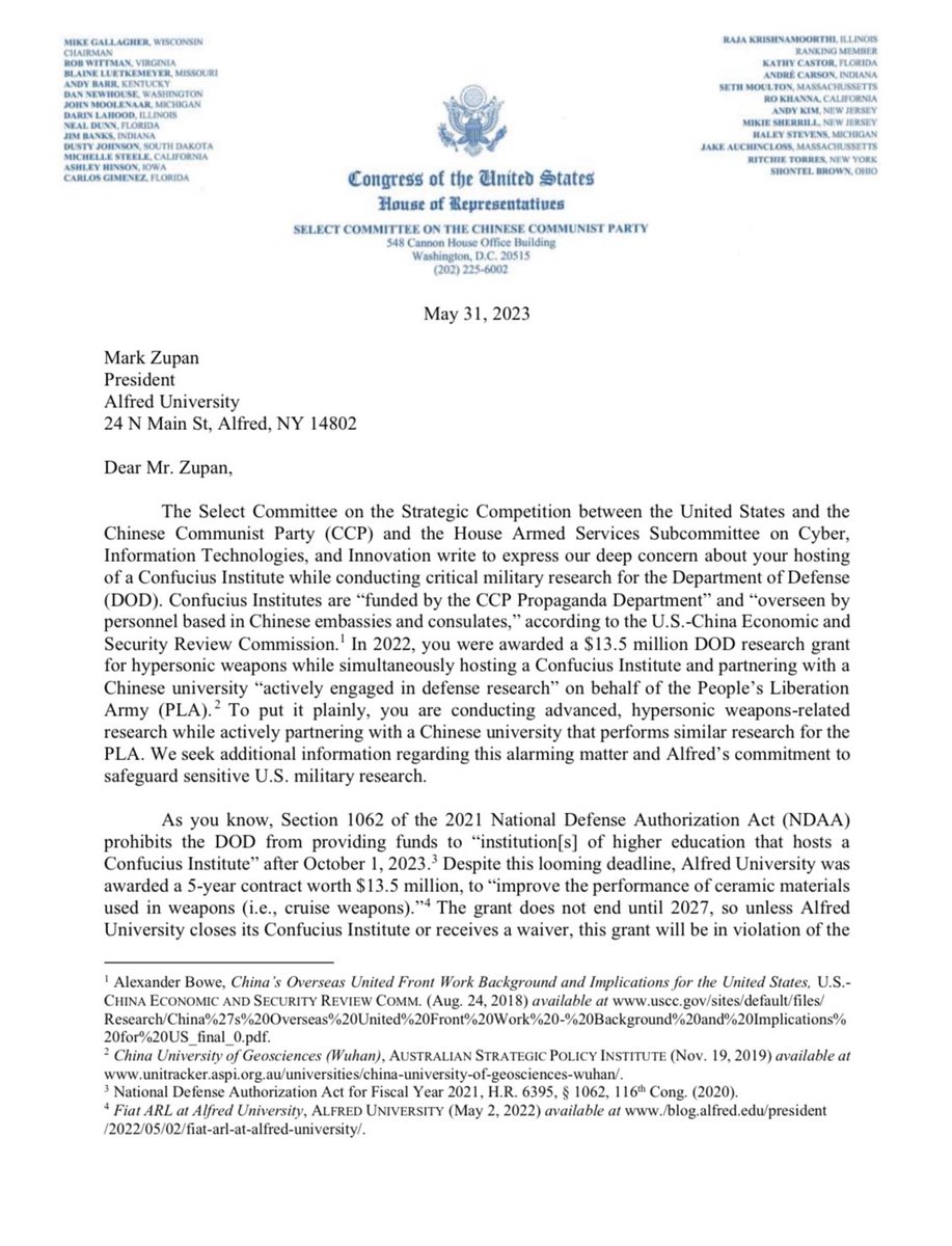 ChinaSelect's tweet photo. BREAKING: Chairman @chairmang launches a concurrent investigation and demands answers from @AlfredU’s president. 

“To put it plainly, you are conducting advanced, hypersonic weapons-related research while actively partnering with a Chinese university that performs similar research for the PLA.”