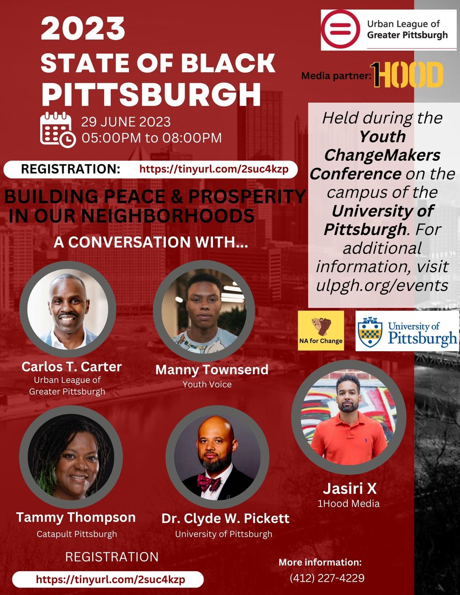 JUNE 29, 2023:: Save the Date for the 2023 State of Black Pittsburgh and Annual Meeting
This year’s theme is Building Peace and Prosperity in our Neighborhoods. Registration Required docs.google.com/forms/d/e/1FAI…