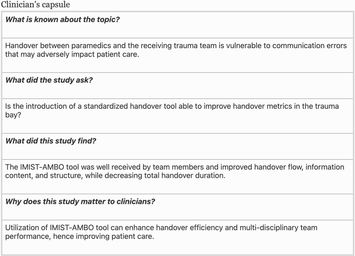 Implementing the IMIST-AMBO tool for paramedic to trauma team handovers: a video review analysis by @caraelliott31 rdcu.be/ddye8 IMIST-AMBO tool reduced the frequency of interruptions, parallel conversations, and informal handovers during paramedic–trauma team handover