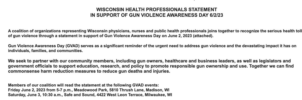 For the first time--medical, nursing and public health organizations in #Wisconsin have come together to recognize #GunViolenceAwarenessDay -read the full statement: wpha.org/news/641803/WP… @ThisIsOurLane @MomsDemand @WaveEdFund