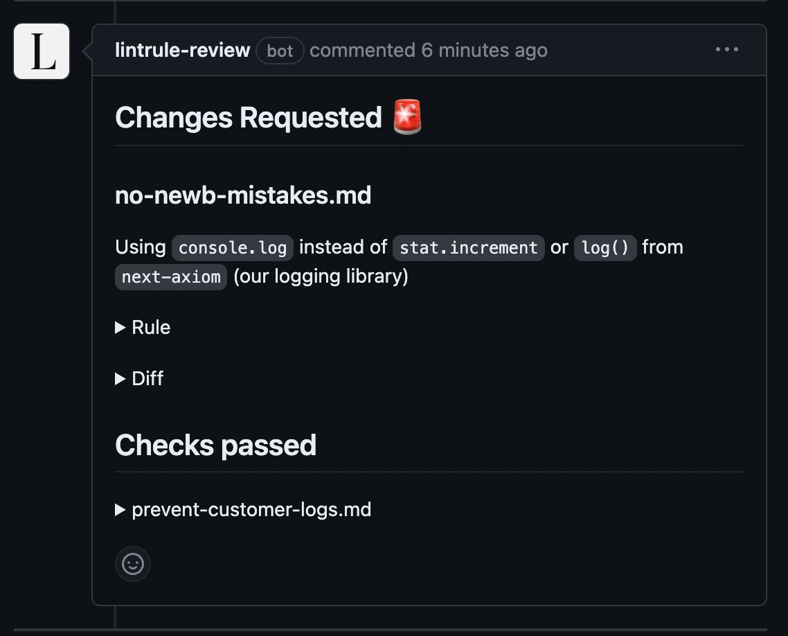 Lintrule can now have the LLM comment directly on your PRs.

Takes 1 minute to setup: github.com/apps/lintrule-…