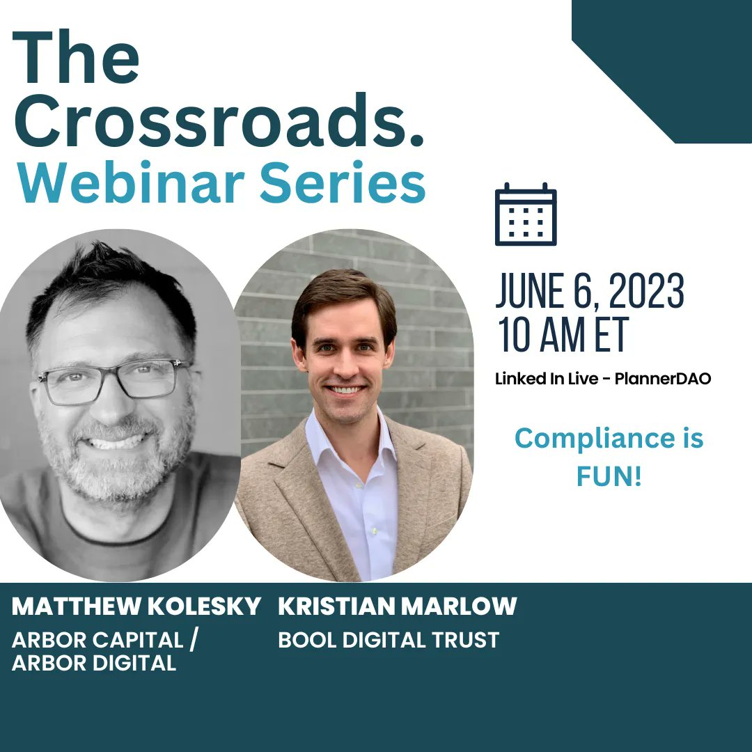 PlannerDAO's tweet image. Tues June 6, 10 am ET
Compliance talk for financial advisors implementing crypto

@mkolesky and @0xMarlow will add thier expertise and experience.

Come join us live so you can ask your questions.

buff.ly/43fZQJt