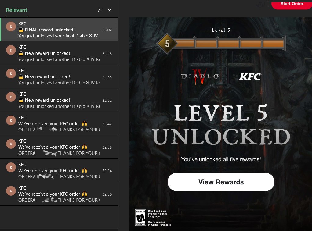 _Gosetsu's tweet photo. Just got my final #DiabloIV KFC item as a non-US player. It's a bit annoying to unlock them but it's doable.

I don't know how much food waste this promotion creates, but it is what it is.