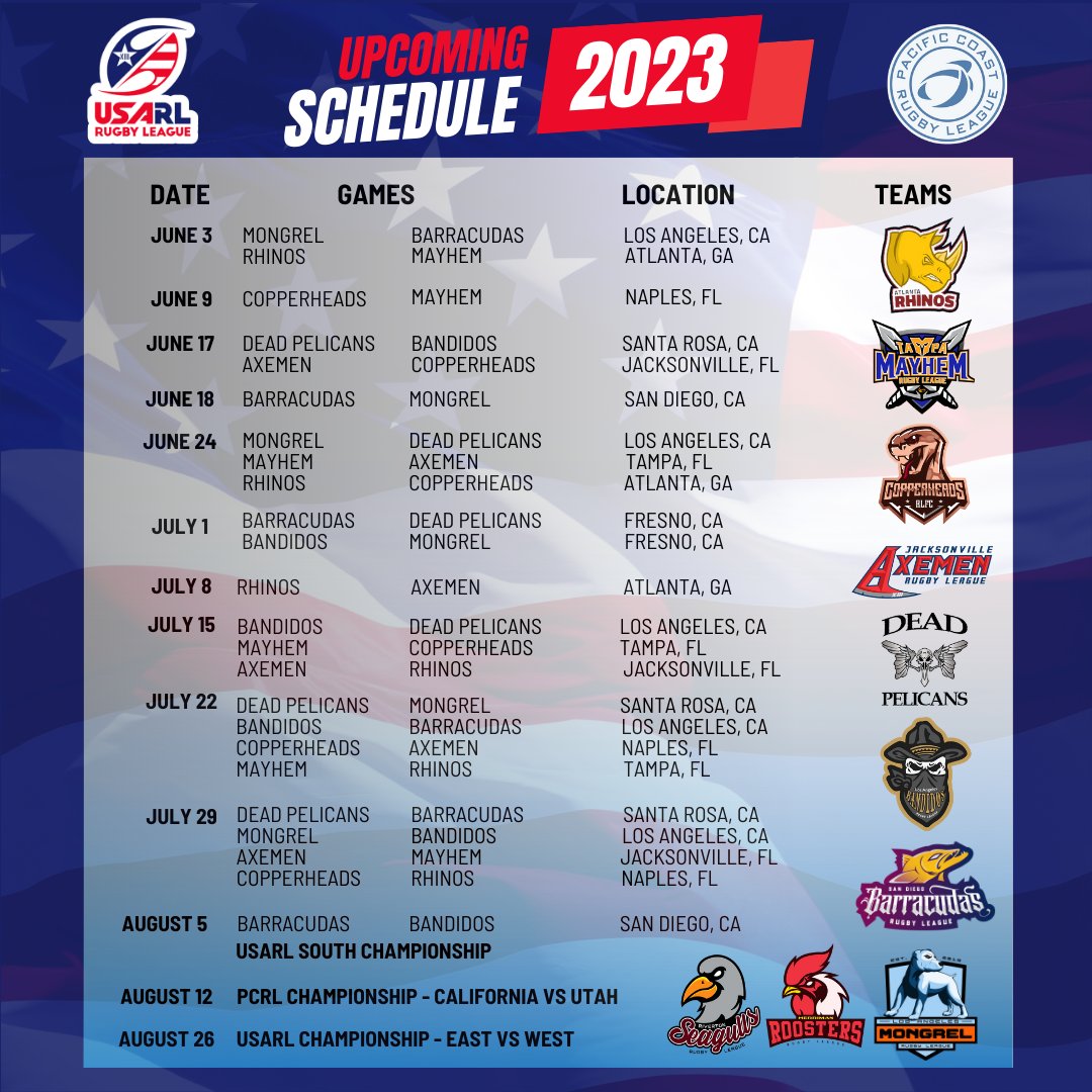 Your #USARugbyLeague 2023 Men's schedule -- a jam-packed season kicks off this weekend and will culminate for the first time in a East vs West championship. Are you ready? 🏉💪🇺🇸

#USARL #RugbyLeague #GrowTheGame #GrowRugbyLeague #Rugby #LetsGo #LetsPlay #LetsDoThis #GetStuckIn