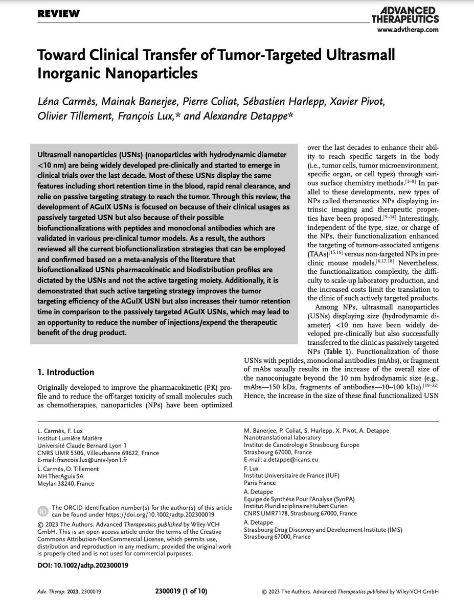 1/4 Glad to present our last review article published in
@AdvSciNews Advanced Therapeutics in collaboration with the Tillement's lab <a href="/UniversiteLyon/">Université de Lyon</a> <a href="/iLM_RECHERCHE/">iLM, Recherche</a>
led by <a href="/MainakBan/">Mainak Banerjee</a> and Lena (not on twitter).
onlinelibrary.wiley.com/doi/epdf/10.10…