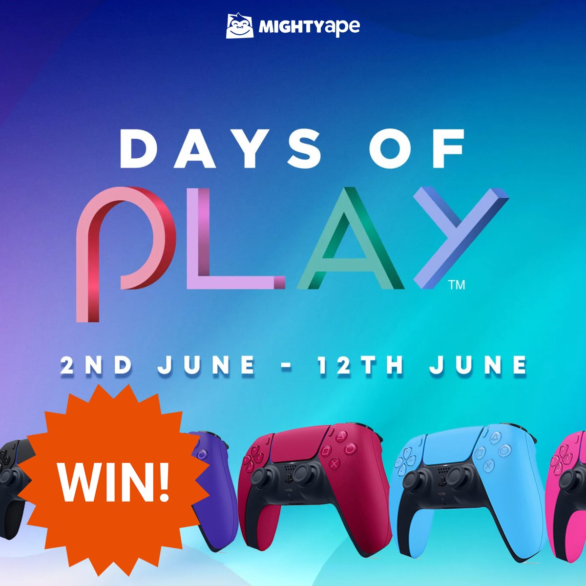 PlayStation DAYS OF PLAY Sale is now on! Swing on over to the Mighty Ape Games page and get in the draw for a DualSense Controller of your choice 💙 mghty.pe/43ft6ji