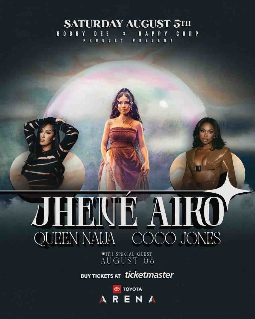 FIRST TIME EVER! 🔥
@jheneaiko LIVE at @toyota.arena w/ @queennaija @cocojones & special guest @august08 💖
Saturday August 5th in Ontario, CA📍
 
Pre-Sale: Wednesday 6/7 @ 10am
Pre-Sale code: JHENE
Buy Tickets on Ticketmaster