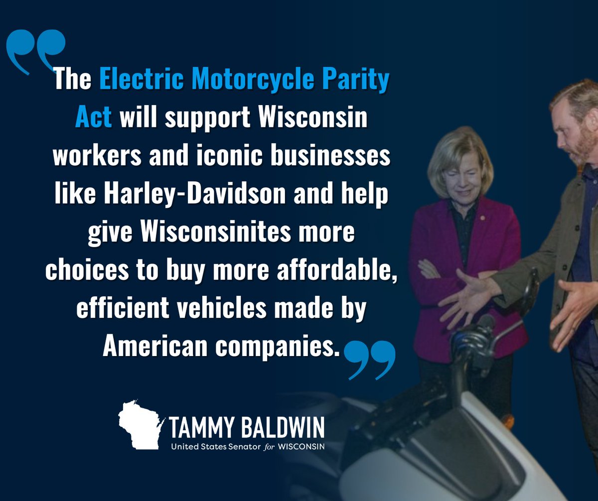 I was proud to team up with @SenBobCasey in introducing legislation that will give Americans more options to buy an affordable #MadeinUSA electric motorcycle and also support our #MadeinWI manufacturing economy.