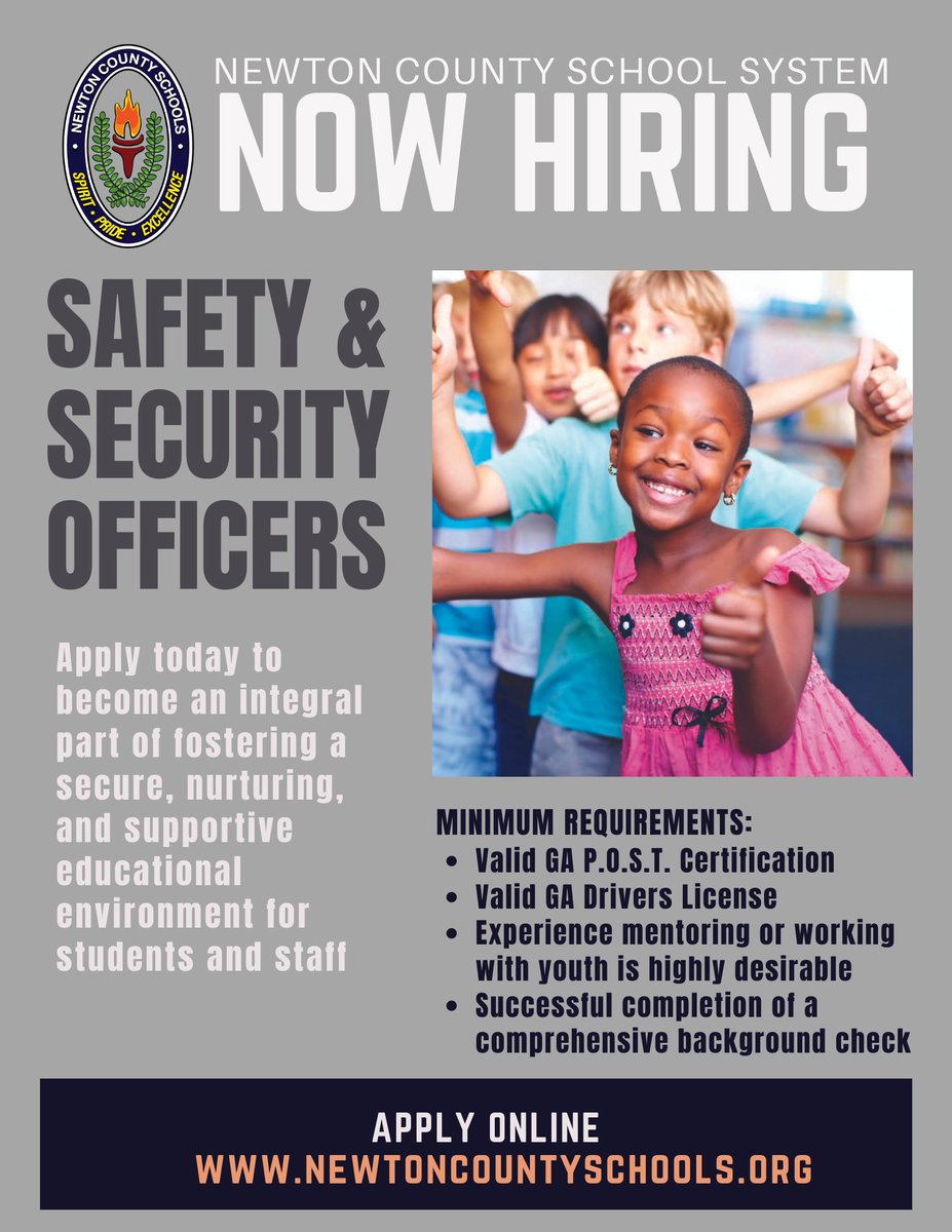 NCSS is now hiring Safety &amp; Security officers. Check out our website for more details and apply today! We want YOU to join our team! newtoncountyschools.tedk12.com/hire/ViewJob.a… #NCSSBeTheBest