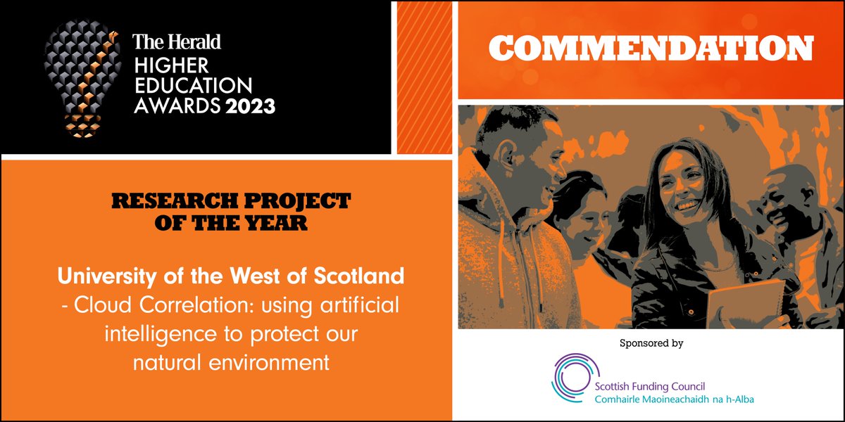 The judges have awarded a commendation to the University of the West of Scotland - Cloud Correlation: using artificial intelligence to protect our natural environment <a href="/UniWestScotland/">UWS</a> for Research Project of the Year sponsored by <a href="/ScotFundCouncil/">Scottish Funding Council</a>