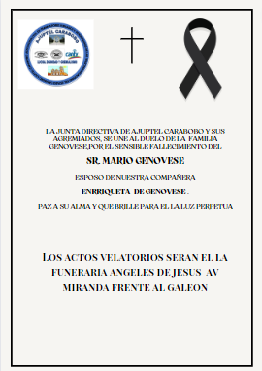 ajuptel_c's tweet photo. Ajuptel Carabobo lamenta el sensible fallecimiento del Sr Mario Genovese Esposo de la Sra. Enriqueta de Genovese.Sera velado en la Funeraria Ángeles de Jesús en la Av. Miranda a partir de las 5pm del día de hoy https://t.co/cggZjI1bc8