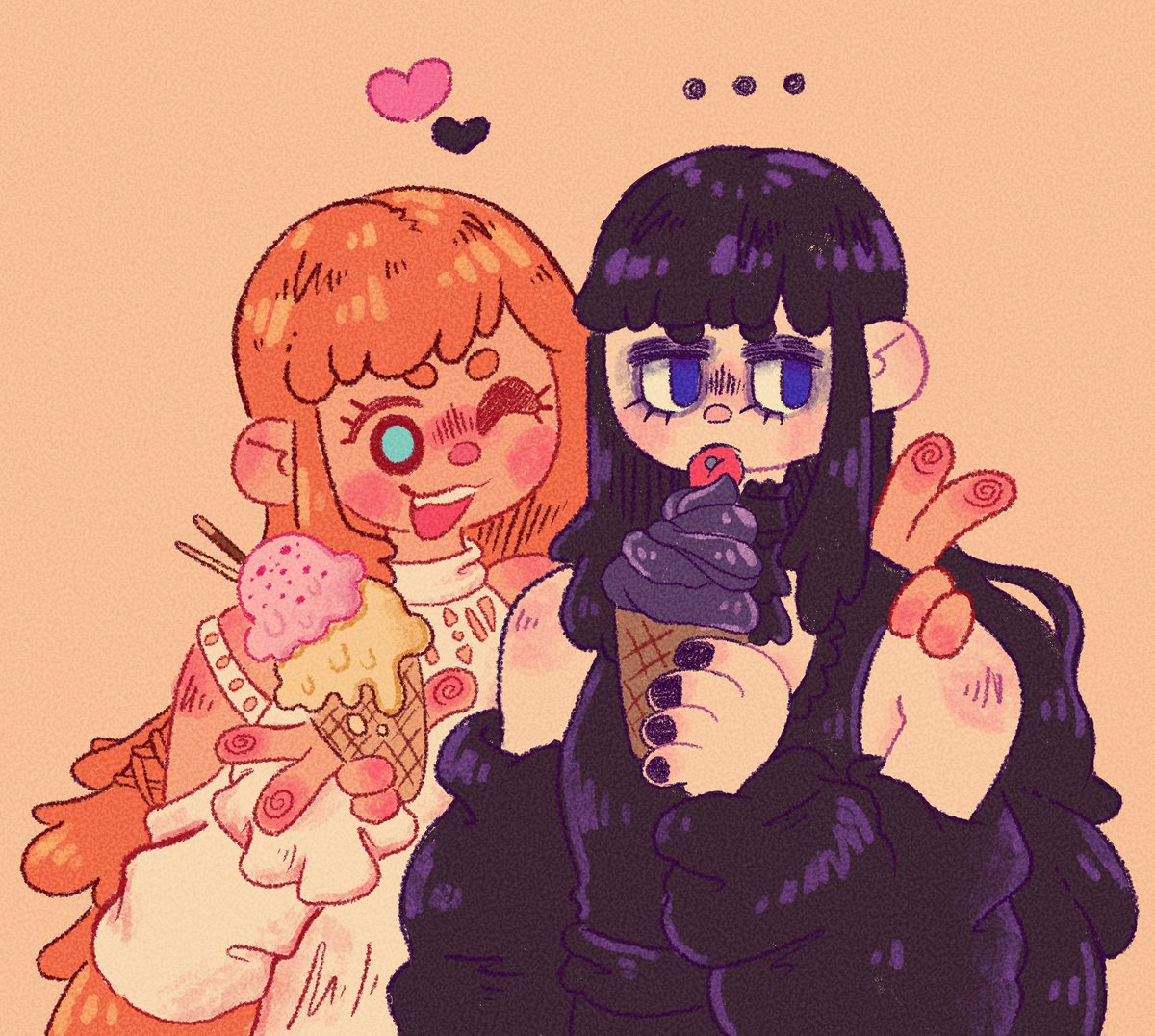 multiple girls 2girls ice cream food blue eyes black hair ice cream cone  illustration images