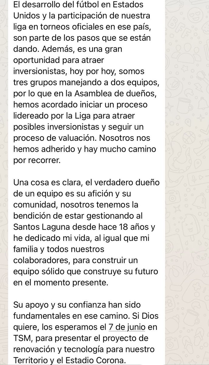 Daniel Velasco | El Sonrisas 🃏 (@daniel_velasco5) on Twitter photo SANTOS LAGUNA NO ESTÁ EN VENTA 🗣️❌
Este es el mensaje que <a href="/Irarragorri/">Ale Irarragorri</a> ha enviado a diferentes grupos empresariales de la Comarca Lagunera y del país.
Asegura que el equipo no está en venta, sino que se han adherido a un proceso de valuación…
Continúa… SANTOS LAGUNA NO ESTÁ EN VENTA 🗣️❌
Este es el mensaje que <a href="/Irarragorri/">Ale Irarragorri</a> ha enviado a diferentes grupos empresariales de la Comarca Lagunera y del país.
Asegura que el equipo no está en venta, sino que se han adherido a un proceso de valuación…
Continúa…