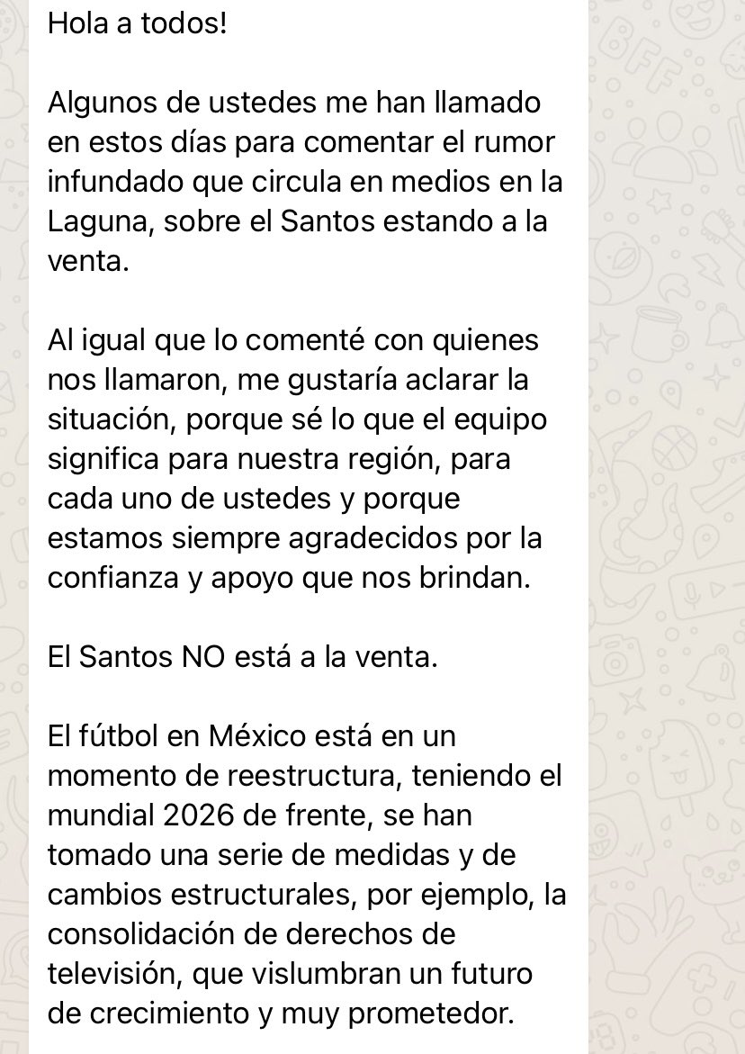 daniel_velasco5's tweet image. SANTOS LAGUNA NO ESTÁ EN VENTA 🗣️❌

Este es el mensaje que @Irarragorri ha enviado a diferentes grupos empresariales de la Comarca Lagunera y del país. 

Asegura que el equipo no está en venta, sino que se han adherido a un proceso de valuación… 

Continúa…