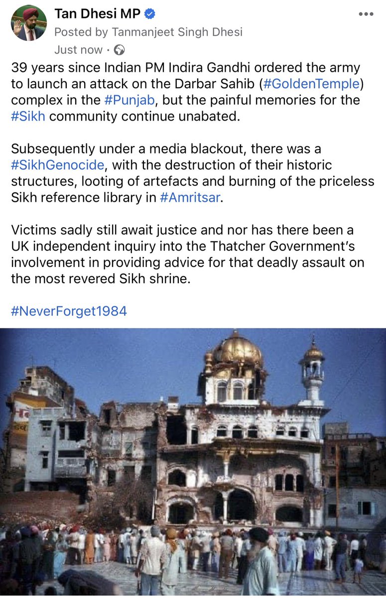39 years since Indira Gandhi ordered army attack on Darbar Sahib complex in #Amritsar, leading to the #SikhGenocide, destruction of their historic structures and looting of artefacts.

Still no justice for victims, nor UK inquiry into Thatcher Govt involvement!
#NeverForget1984