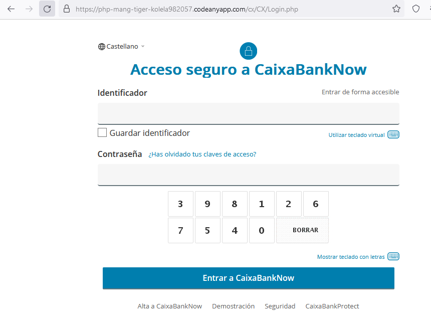 v4ensics's tweet image. The #Formstack phisher is now hosting in the same site a #phishing site targeting @caixabank (h[t]tps://php-mang-tiger-kolela982057.codeanyapp.com/cx/CX/Login.php)