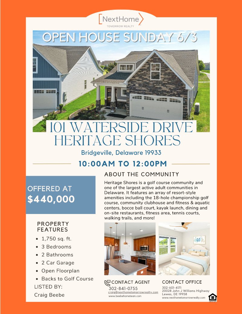 Join us for an Open House Saturday 6/3 10am-12pm at 101 Waterside Drive, Heritage Shores in Bridgeville!
eepurl.com/isxJbY