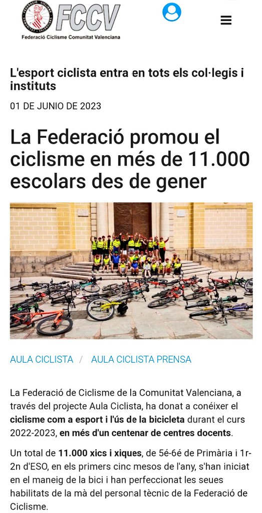 📢 La Federació de 🚴🏻‍♀️ Ciclisme de la Comunitat Valenciana promueve el ciclismo en más de 11.000 📈 escolares desde enero.

El deporte ciclista entra en todos los 📚 colegios e institutos de Alacant, Castelló y València

fccv.es/index.php/es/s…